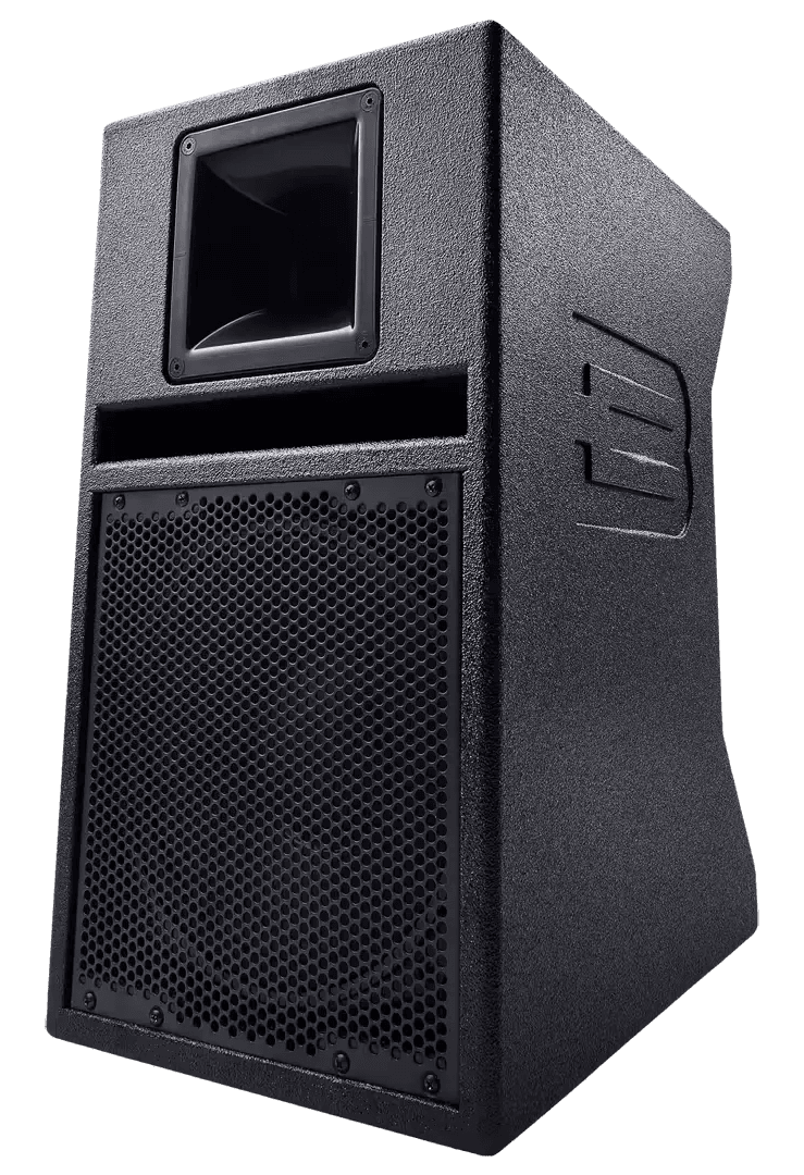 A booth monitor speaker, seen from the front at an angle