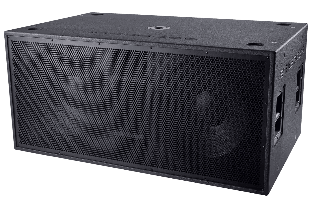 A powered subwoofer cabinet, seen from the front at an angle
